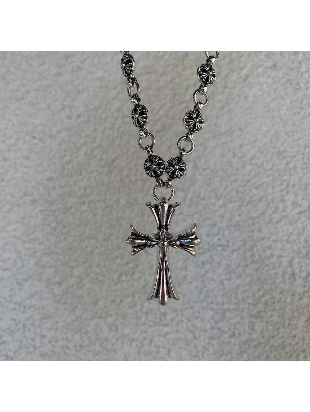 Grunge Cyber y2k silver gothic cross long necklace chain. 24 inches length.